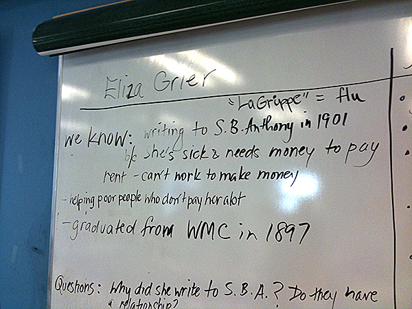 Whiteboard documenting responses to Eliza Grier's story. (The Legacy Center Archives and Special Collections)