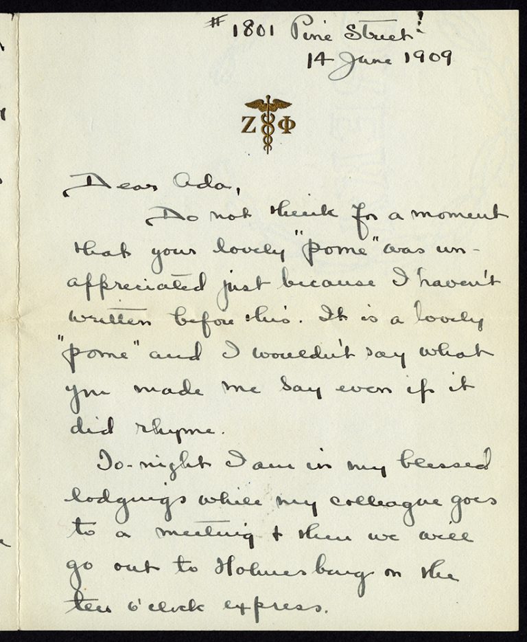 Letter to Elizabeth F. Clark to Ada Peirce McCormick, 14 June 1909. (Legacy Center Archives and Special Collections)
