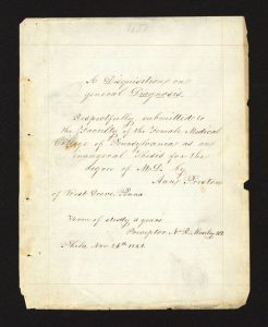 Ann Preston's medical school thesis, 1851  (The Legacy Center Archives and Special Collections)