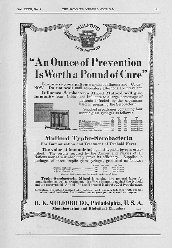 Medical Woman's Journal, 1915 #9, advertisement for treating typhoid: An ounce of prevention is worth a pound of cure. (The Legacy Center Archives and Special Collections)