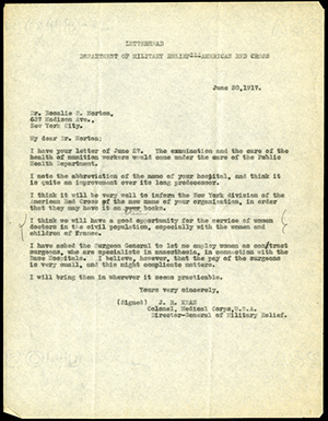 Letter June 30, 1917 from Colonel Kean of the Medical Corps to Dr. Morton (The Legacy Center Archives and Special Collections)