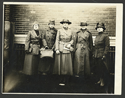 Dr. Esther Pohl Lovejoy (far right) had just returned from her fact-finding mission to Europe as four other physicians prepared to leave for France, circa 1917. (The Legacy Center Archives and Special Collections)