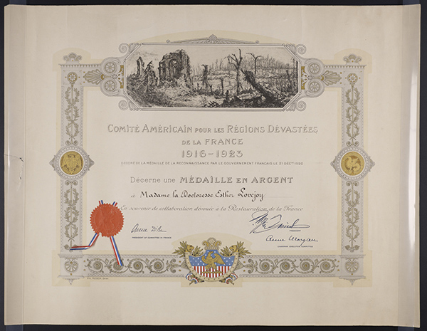 The award given to Dr. Lovejoy and others for their work in France, by the Committee for Devastated France, 1920. (The Legacy Center Archives and Special Collections)