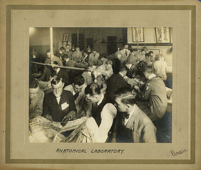 Dr. Rufus Weaver and students in the gross anatomy lab at Hahnemann Medical College, undated (The Legacy Center Archives and Special Collections)