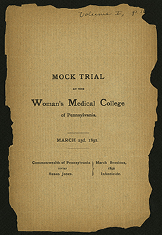 Cover of the booklet from the Woman’s Medical College mock trial on infanticide, March 23, 1892 (The Legacy Center Archives and Special Collections)