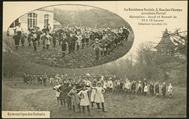 Postcard of boys and girls exercising at La Residence Sociale. (The Legacy Center Archives and Special Collections)