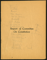 Interim report of the committee drafting the constitution. Meeting attendees are written on the cover of the booklet. (The Legacy Center Archives and Special Collections)